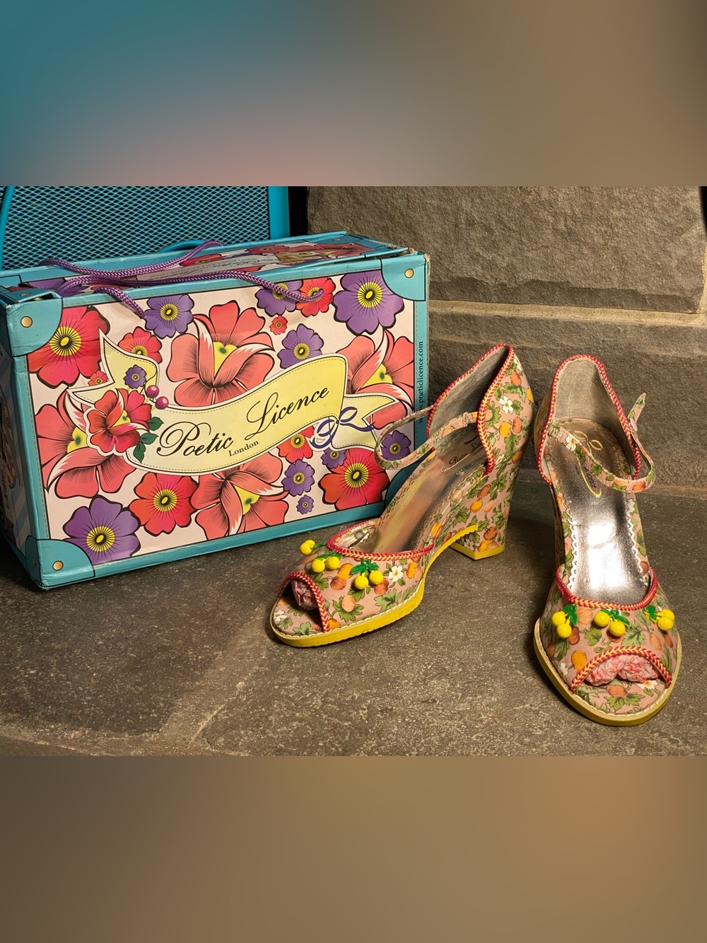 Irregular Choice Poetic License wedge sandals,pumpkin print fabric,fruit charms